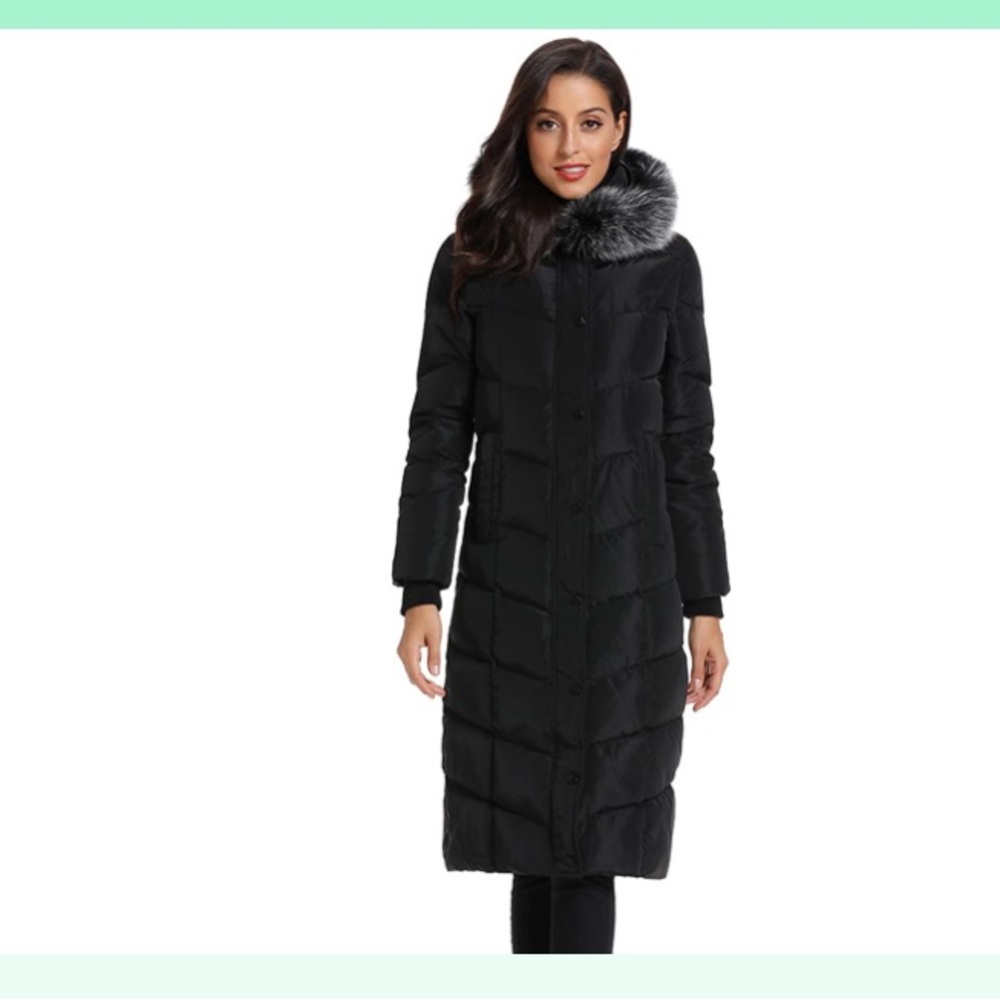 Black Knee-Length Puffer Coat with High Collar